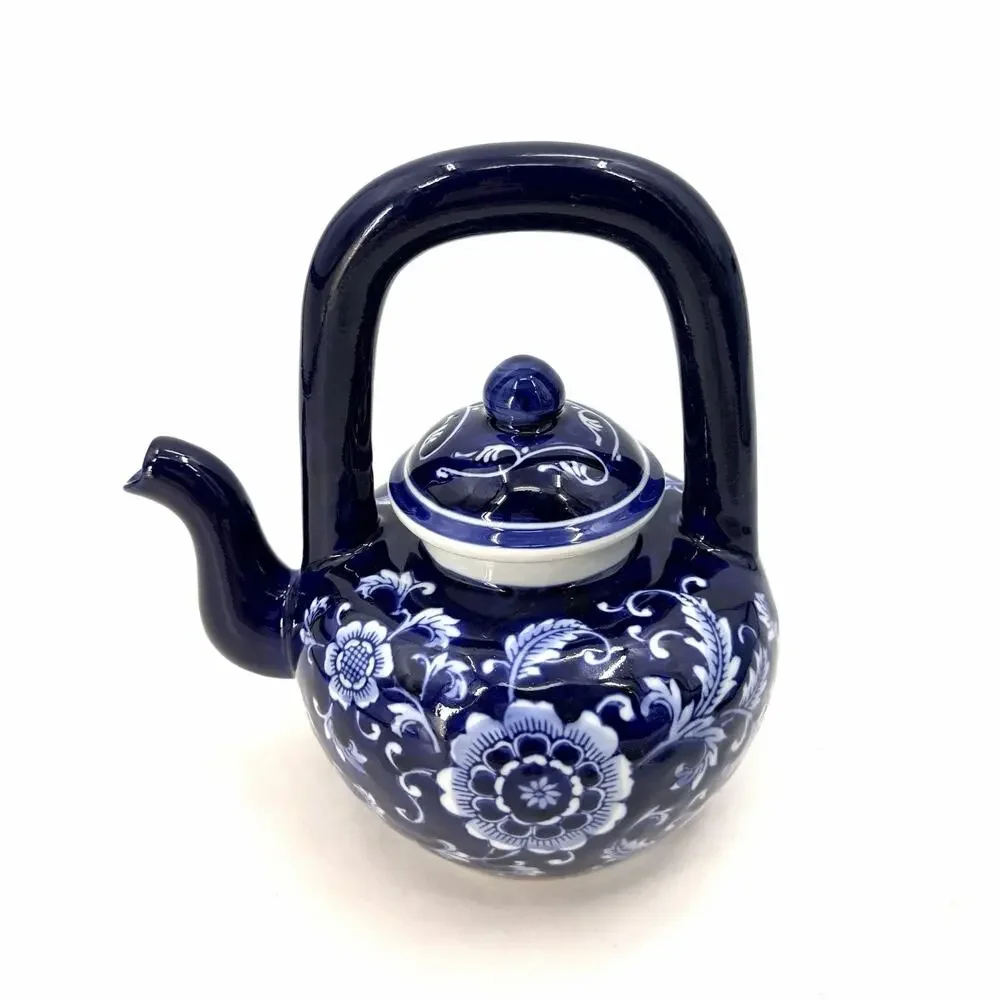 Mandarin Style Cobalt Blue White Floral Lidded Porcelain Teapot